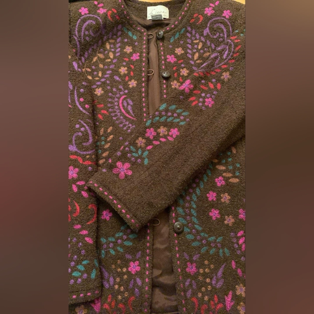 Vintage Boho Linea By Louis Dell'Olio Brown Floral Sweater Coat Size L - Picture 13 of 14